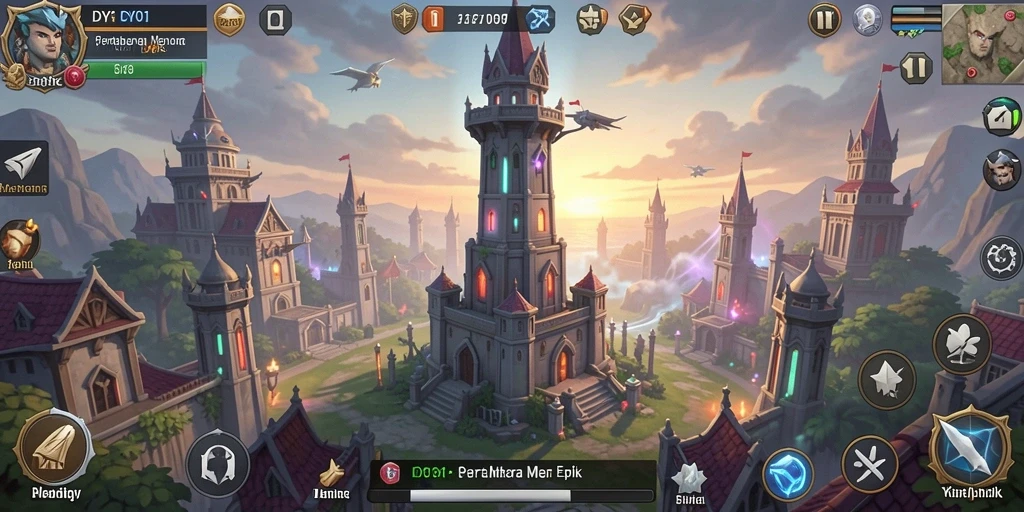 Screenshot gameplay DY01 yang menunjukkan menara dan musuh dalam aksi.
