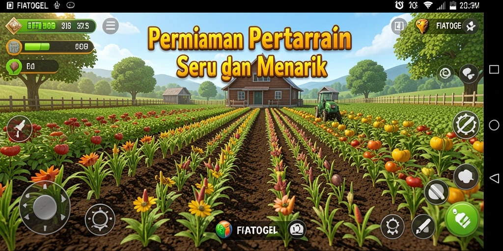 Tangkapan layar gameplay <strong>FIATOGEL</strong> menampilkan pertanian yang vibrant dan aktivitas seru.