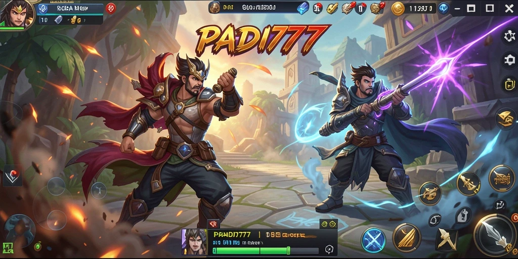 Screenshot utama PADI777 menampilkan pertarungan seru antara karakter di arena.