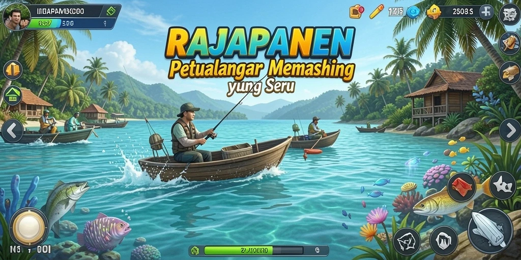 Tangkapan layar utama RAJAPANEN menampilkan gameplay memancing yang mendebarkan dan penuh warna.